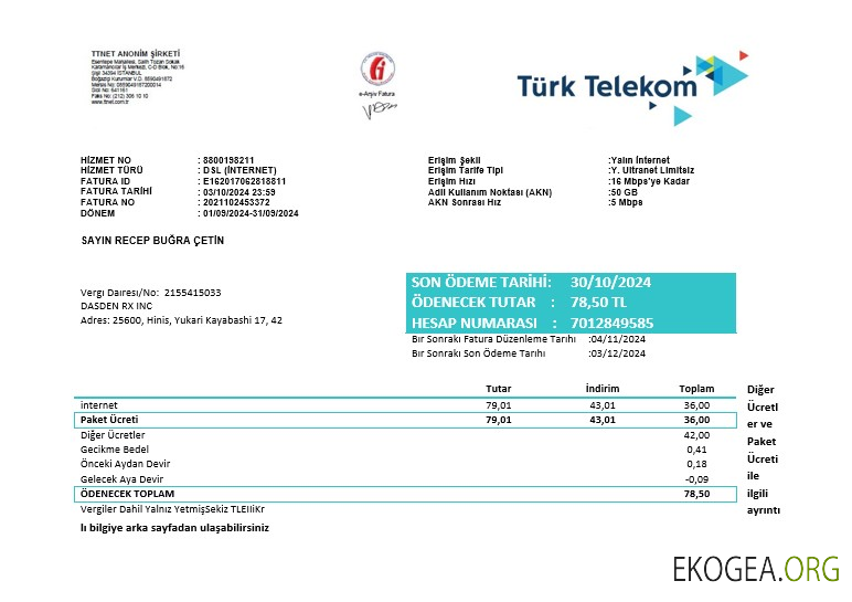 Modèle de facture de services publics pour les entreprises de Turquie Turktelekom aux formats Word et PDF, entièrement modifiable